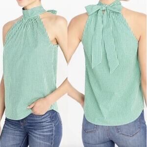 J Crew Sz‎ 0 Gingham Halter Top Tie Neck Green White Preppy Coastal Classic